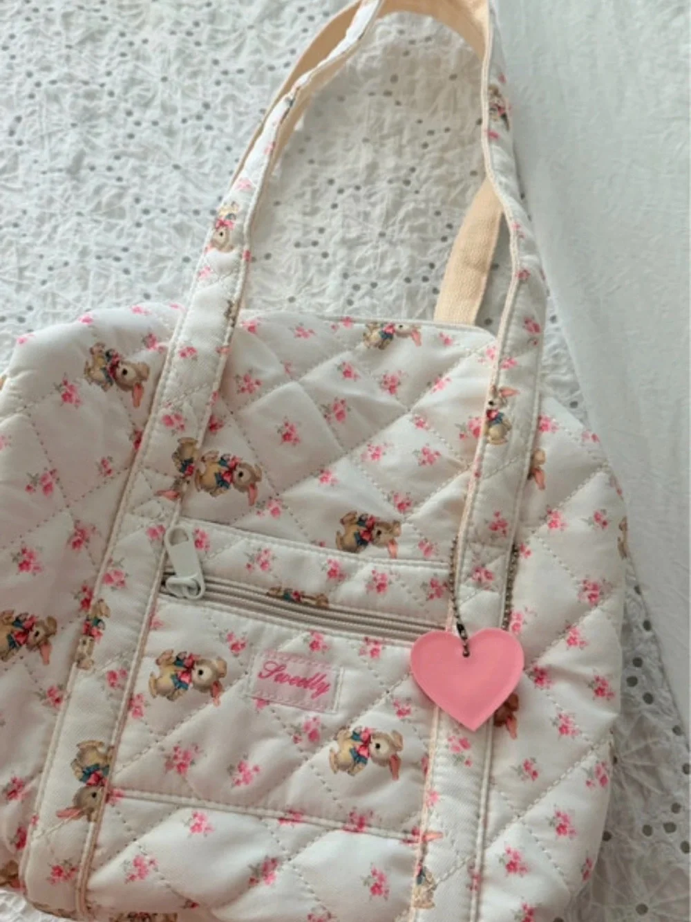Sweetly Quilted Vintage Style Bunny & Floral Shoulder Bag w/ Heart Charm